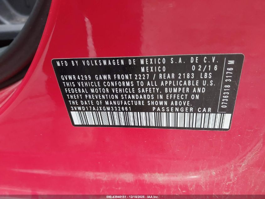 2016 Volkswagen Jetta 1.8T Sport VIN: 3VWD17AJXGM332661 Lot: 43940151