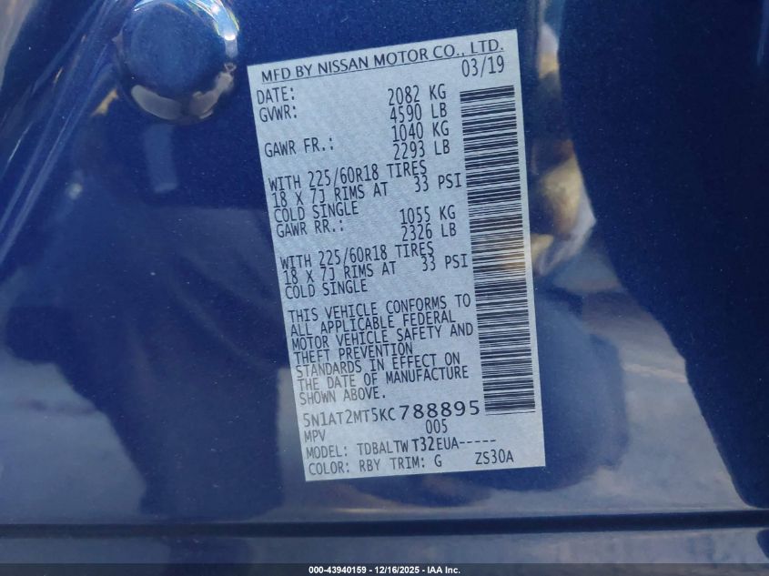 2019 Nissan Rogue Sv VIN: 5N1AT2MT5KC788895 Lot: 43940159