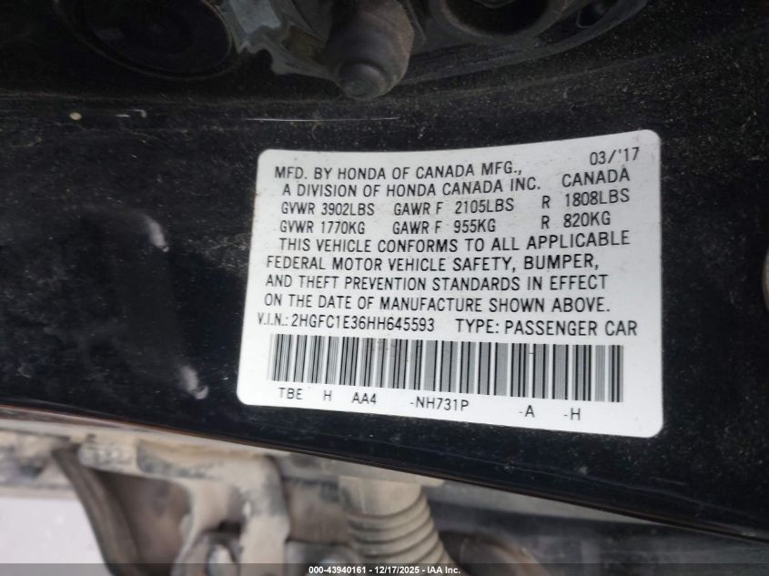 2017 Honda Civic Ex-T VIN: 2HGFC1E36HH645593 Lot: 43940161