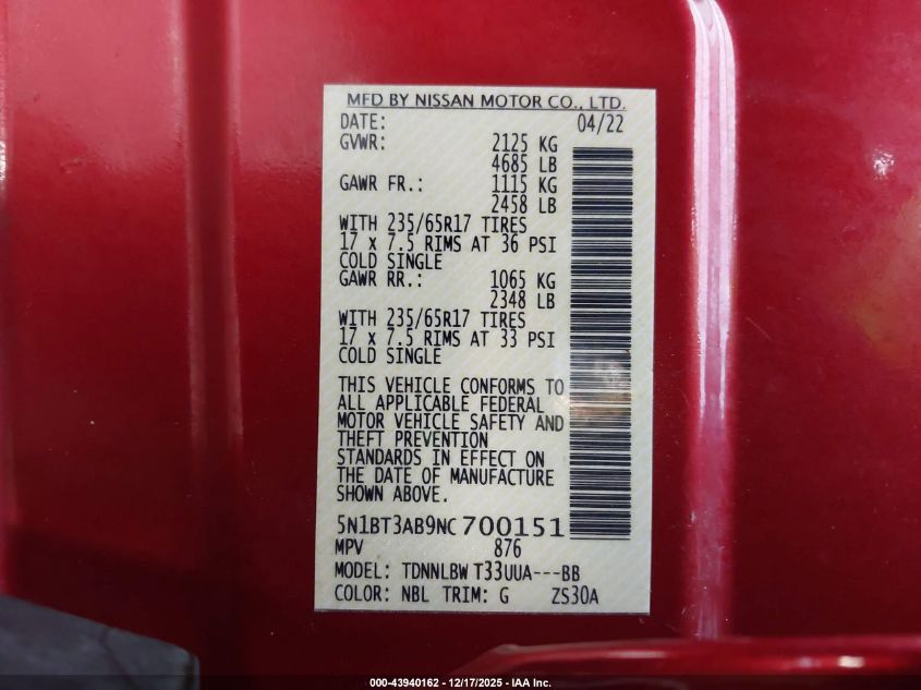 2022 Nissan Rogue S Intelligent Awd VIN: 5N1BT3AB9NC700151 Lot: 43940162