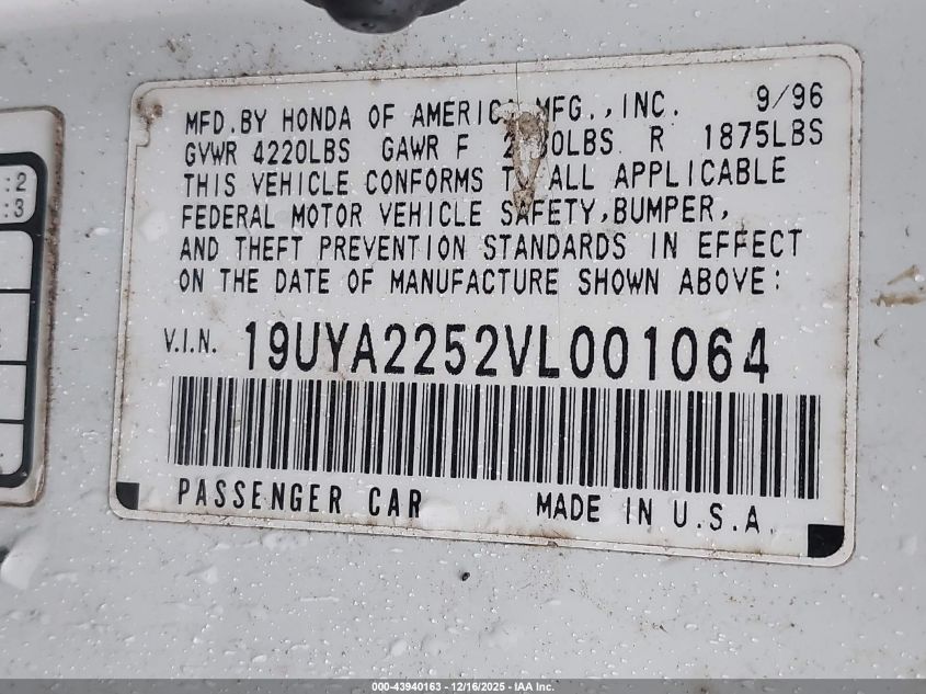 1997 Acura Cl 3.0 VIN: 19UYA2252VL001064 Lot: 43940163