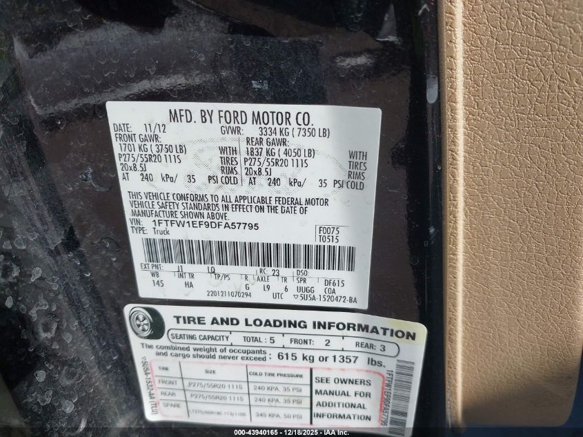 2013 Ford F-150 Lariat VIN: 1FTFW1EF9DFA57795 Lot: 43940165