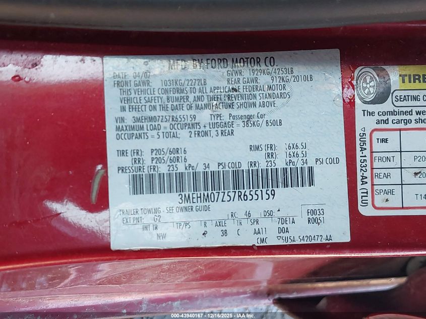 2007 Mercury Milan I4 VIN: 3MEHM07Z57R655159 Lot: 43940167