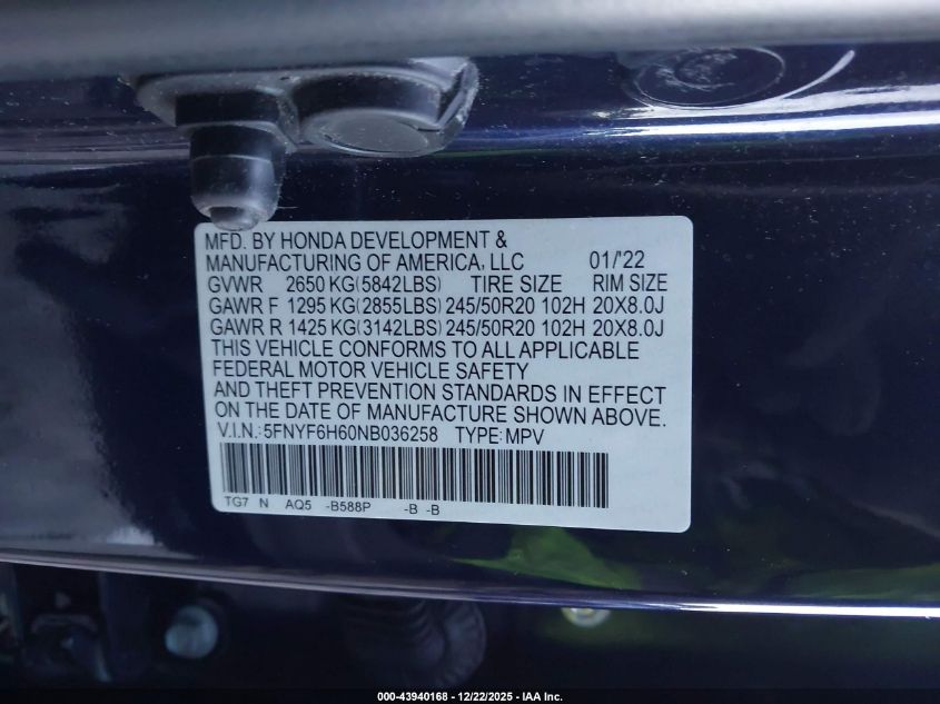 2022 Honda Pilot Awd Touring 7 Passenger VIN: 5FNYF6H60NB036258 Lot: 43940168