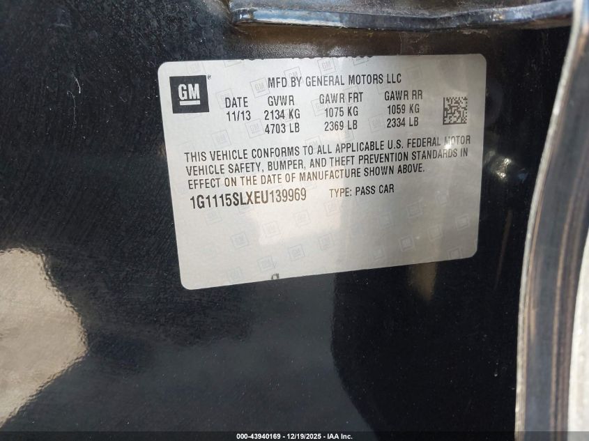 2014 Chevrolet Impala Lt VIN: 01G1115SLXEU13969 Lot: 43940169