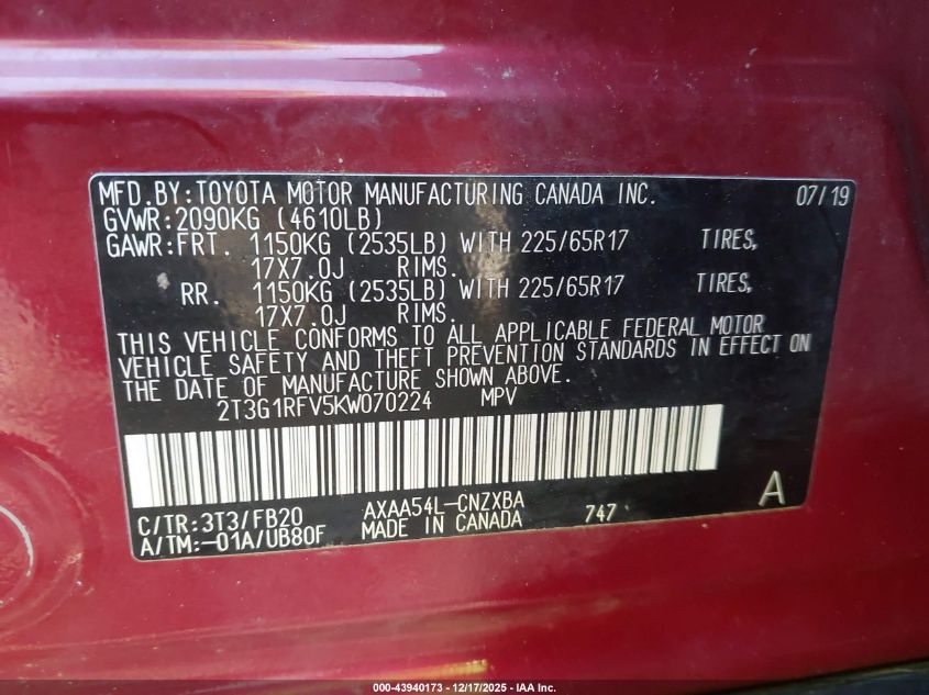 2019 Toyota Rav4 Le VIN: 2T3G1RFV5KW070224 Lot: 43940173
