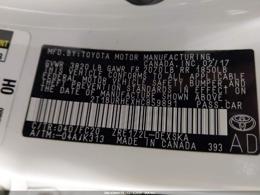 2017 Toyota Corolla Se VIN: 2T1BURHEXHC859891 Lot: 43940175