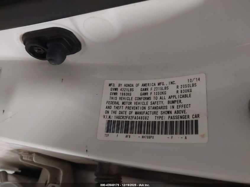 2015 Honda Accord Ex-L VIN: 1HGCR2F82FA048082 Lot: 43940179