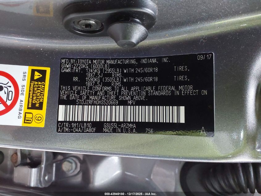 2017 Toyota Highlander Xle VIN: 5TDJZRFH0HS520669 Lot: 43940180