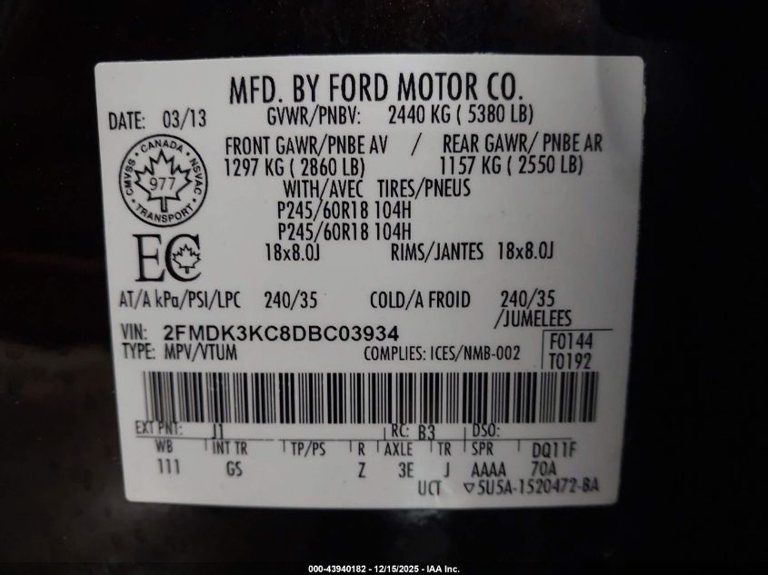 2013 Ford Edge Limited VIN: 2FMDK3KC8DBC03934 Lot: 43940182