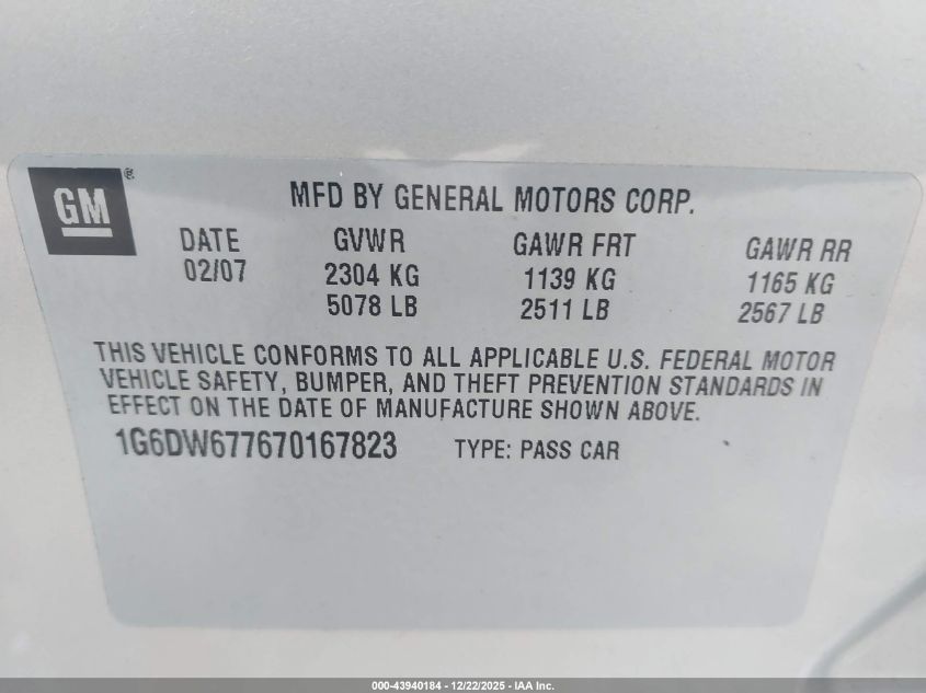 2007 Cadillac Sts V6 VIN: 1G6DW677670167823 Lot: 43940184