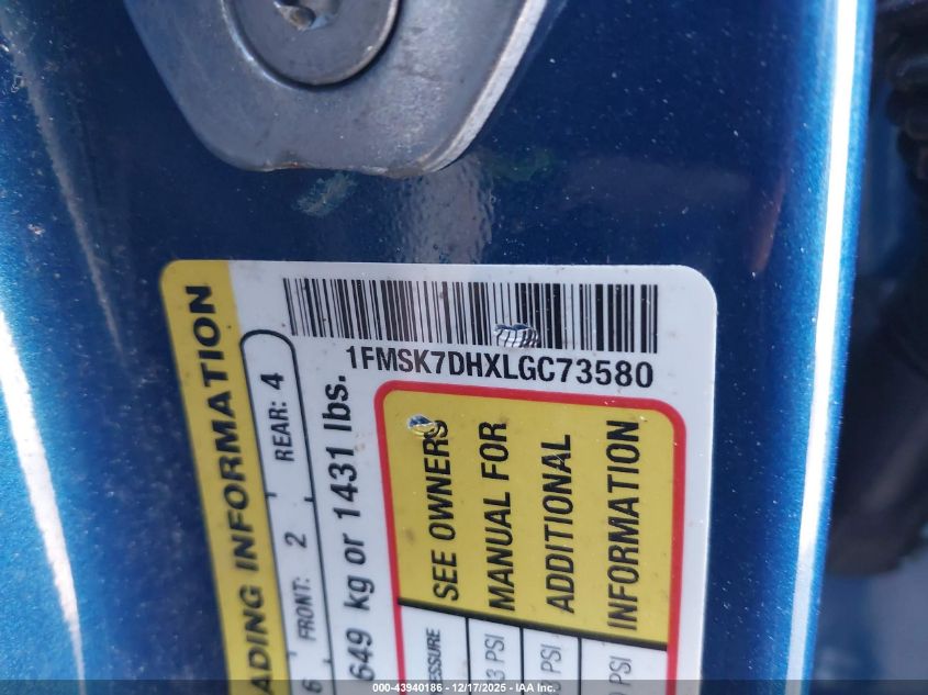 2020 Ford Explorer Xlt VIN: 1FMSK7DHXLGC73580 Lot: 43940186