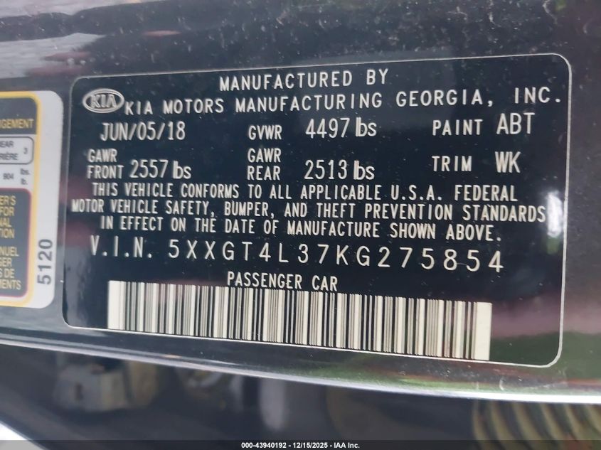 2019 Kia Optima Lx VIN: 5XXGT4L37KG275854 Lot: 43940192