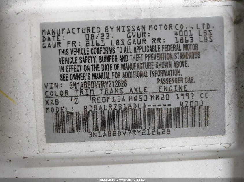 2024 Nissan Sentra Sr Xtronic Cvt VIN: 3N1AB8DV7RY212628 Lot: 43940193