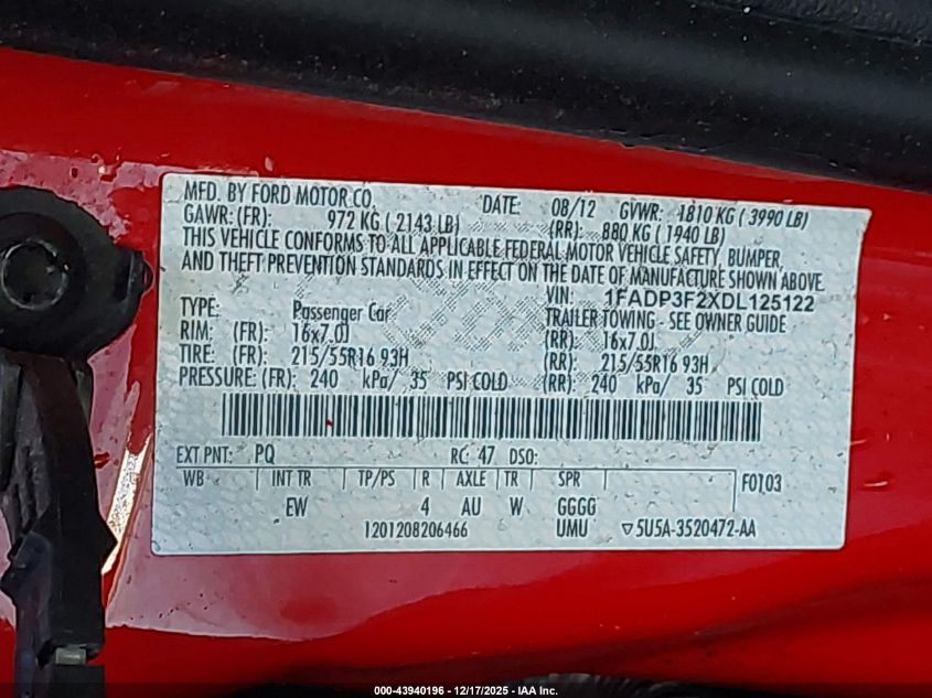 2013 Ford Focus Se VIN: 1FADP3F2XDL125122 Lot: 43940196