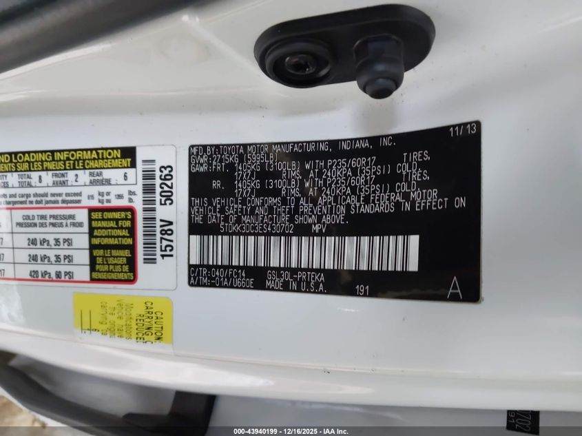 2014 Toyota Sienna Le V6 8 Passenger VIN: 5TDKK3DC3ES430702 Lot: 43940199