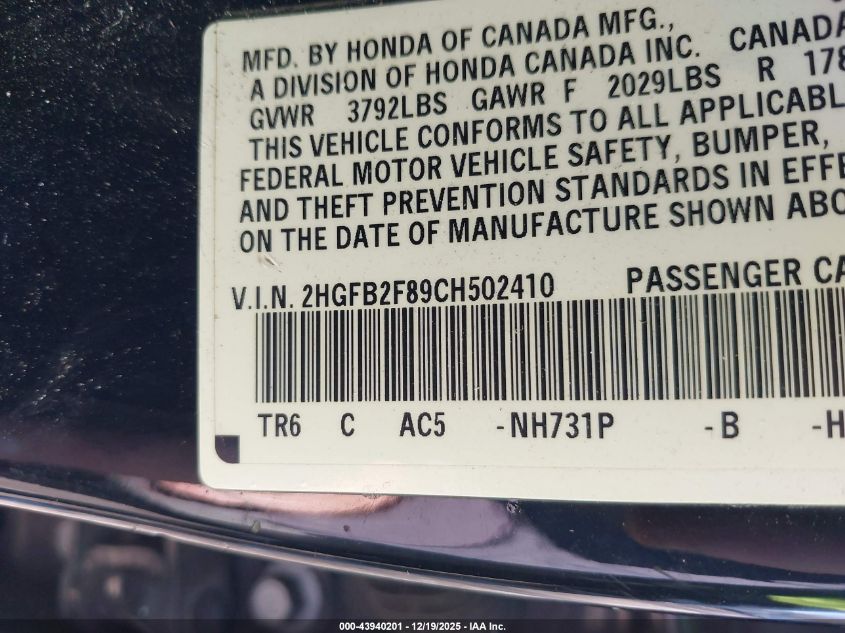 2012 Honda Civic Ex VIN: 2HGFB2F89CH502410 Lot: 43940201