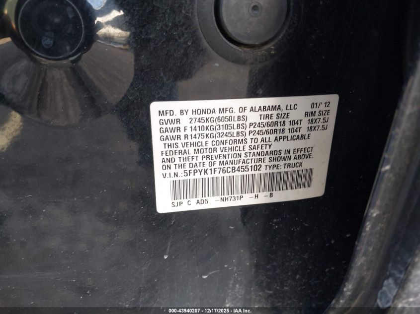 2012 Honda Ridgeline Sport VIN: 5FPYK1F76CB455102 Lot: 43940207