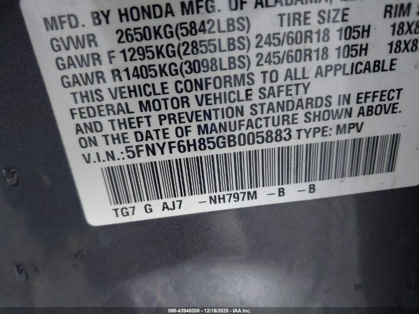 2016 Honda Pilot Ex-L VIN: 5FNYF6H85GB005883 Lot: 43940208