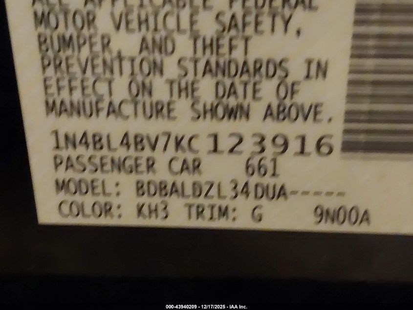 2019 Nissan Altima 2.5 S VIN: 1N4BL4BV7KC123916 Lot: 43940209