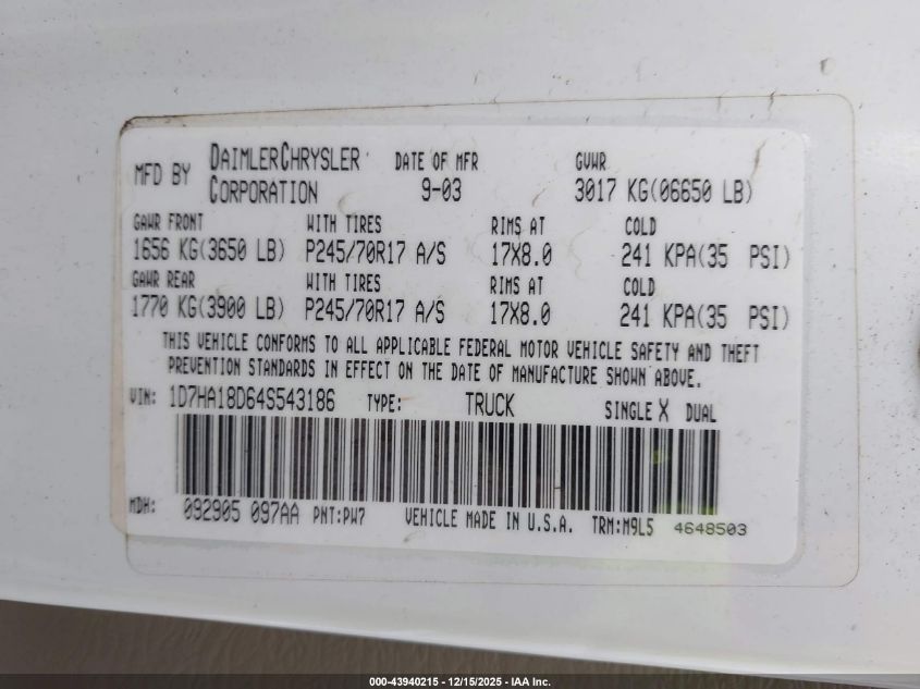 2004 Dodge Ram 1500 Slt/Laramie VIN: 1D7HA18D64S543186 Lot: 43940215