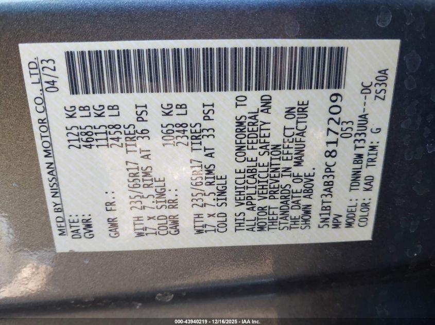 2023 Nissan Rogue S Intelligent Awd VIN: 5N1BT3AB3PC817209 Lot: 43940219