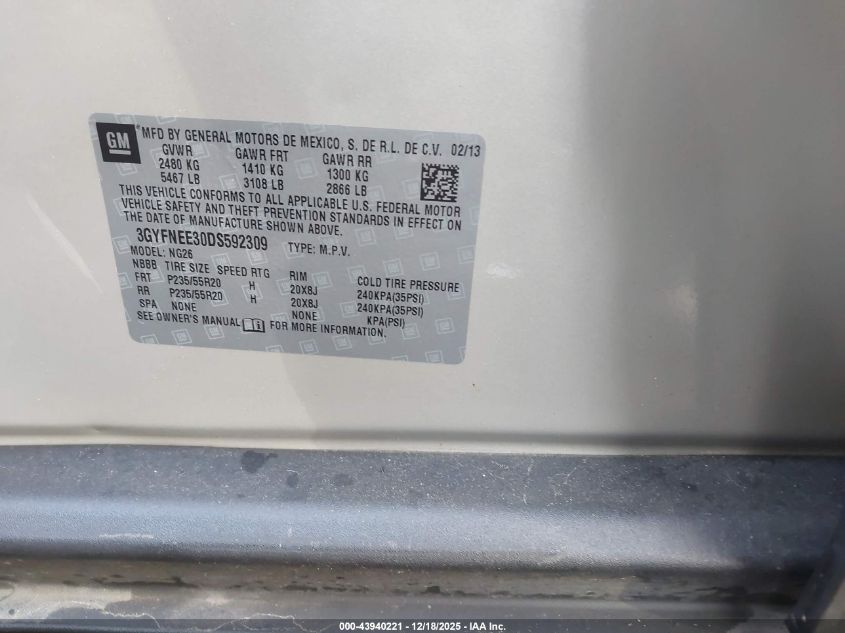 2013 Cadillac Srx Premium Collection VIN: 3GYFNEE30DS592309 Lot: 43940221