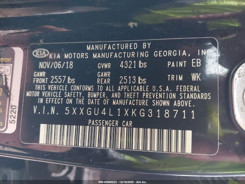 2019 Kia Optima Ex VIN: 5XXGU4L1XKG318711 Lot: 43940223