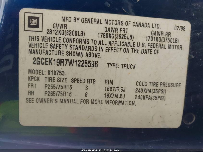 1998 Chevrolet K1500 Fleetside VIN: 2GCEK19R7W1225598 Lot: 43940226