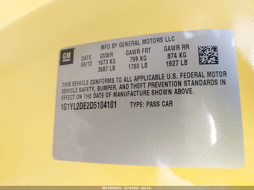 2013 Chevrolet Corvette Z06 Hardtop VIN: 1G1YL2DE2D5104101 Lot: 43940232