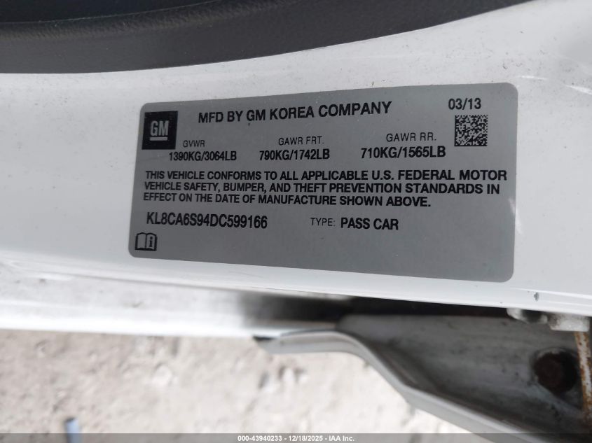 2013 Chevrolet Spark Ls Manual VIN: KL8CA6S94DC599166 Lot: 43940233