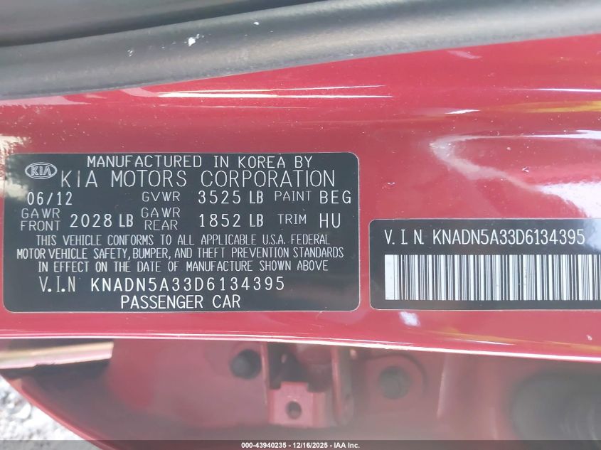 2013 Kia Rio Sx VIN: KNADN5A33D6134395 Lot: 43940235