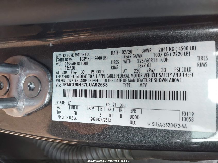 2020 Ford Escape Sel VIN: 1FMCU9H67LUA92683 Lot: 43940236