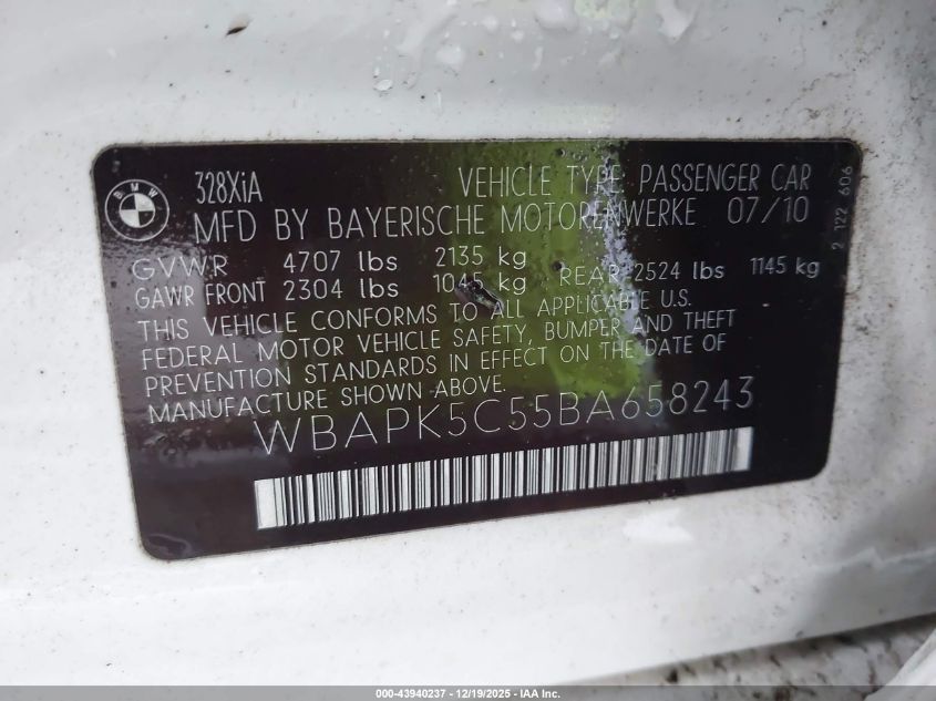 2011 BMW 328I xDrive VIN: WBAPK5C55BA658243 Lot: 43940237