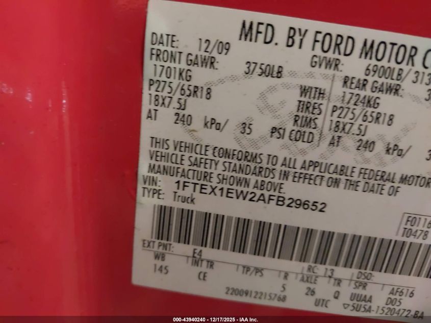 2010 Ford F-150 Stx/Xl VIN: 1FTEX1EW2AFB29652 Lot: 43940240