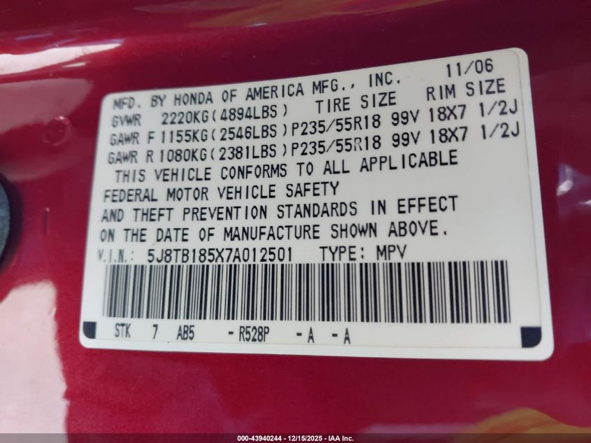 2007 Acura Rdx VIN: 5J8TB185X7A012501 Lot: 43940244