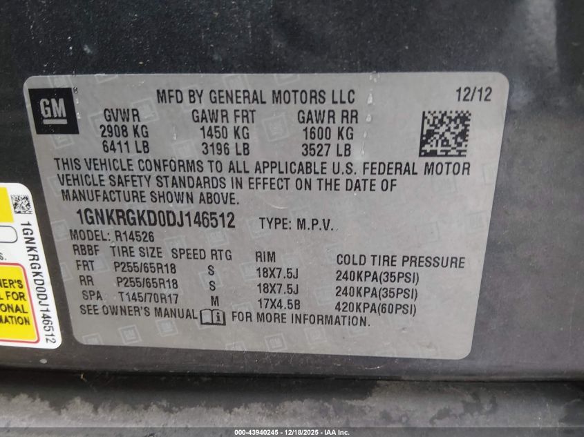 2013 Chevrolet Traverse 1Lt VIN: 1GNKRGKD0DJ146512 Lot: 43940245