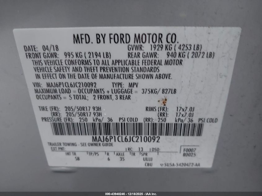 2018 Ford Ecosport Ses VIN: MAJ6P1CL6JC210092 Lot: 43940246