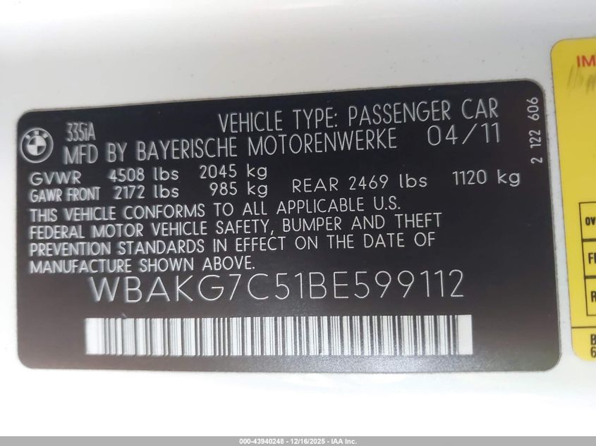 2011 BMW 335I VIN: WBAKG7C51BE599112 Lot: 43940248