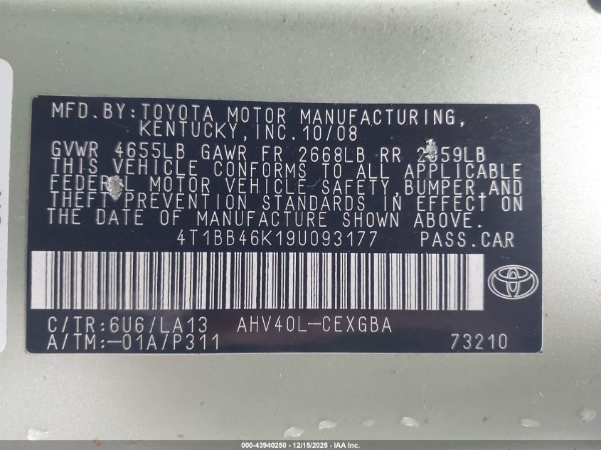 2009 Toyota Camry Hybrid VIN: 4T1BB46K19U093177 Lot: 43940250