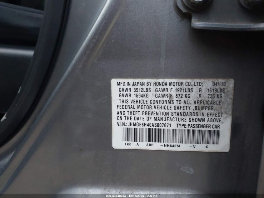 2010 Honda Fit Sport VIN: JHMGE8H40AS007671 Lot: 43940253