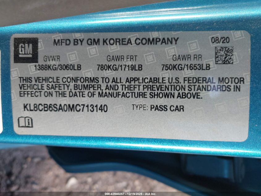 2021 Chevrolet Spark Fwd Ls Automatic VIN: KL8CB6SA0MC713140 Lot: 43940257