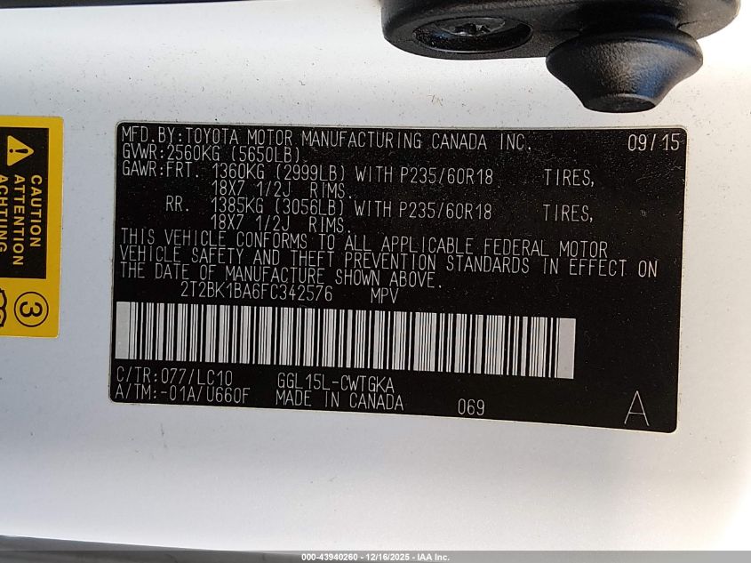 2015 Lexus Rx 350 VIN: 2T2BK1BA6FC342576 Lot: 43940260