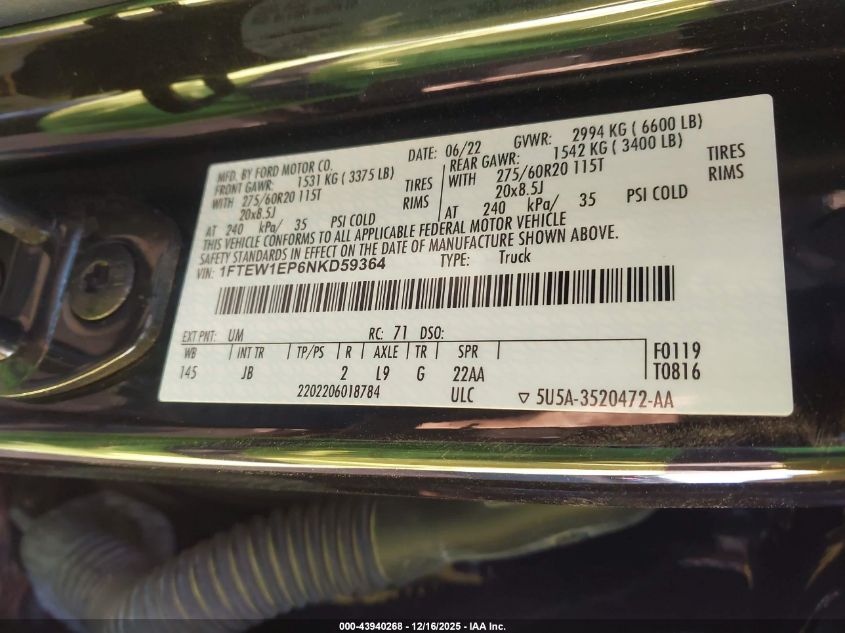 2022 Ford F-150 Xl VIN: 1FTEW1EP6NKD59364 Lot: 43940268