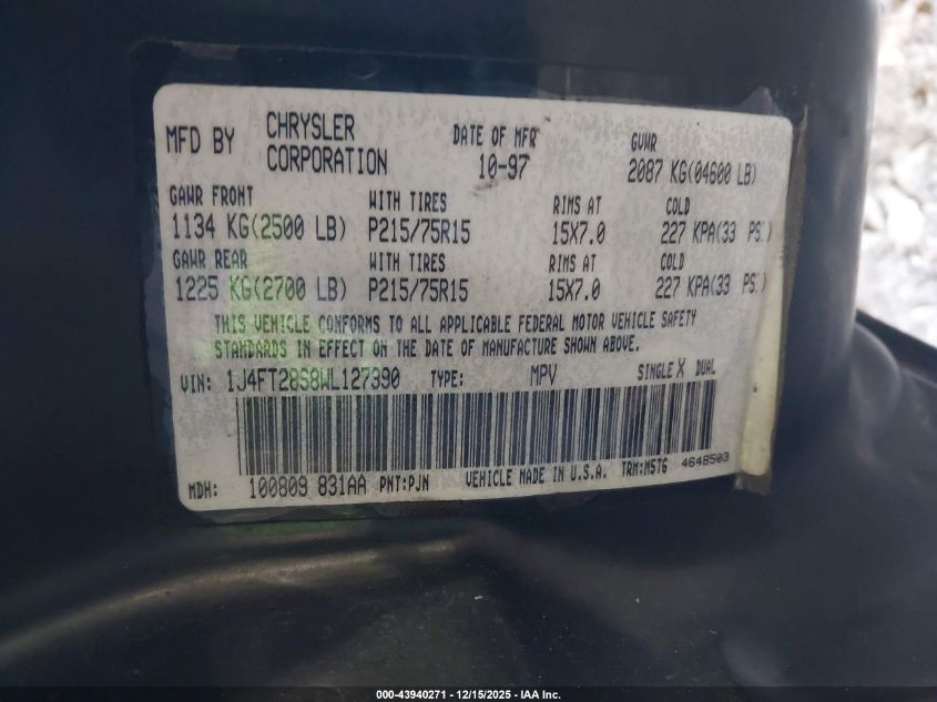 1998 Jeep Cherokee Se VIN: 1J4FT28S8WL127390 Lot: 43940271