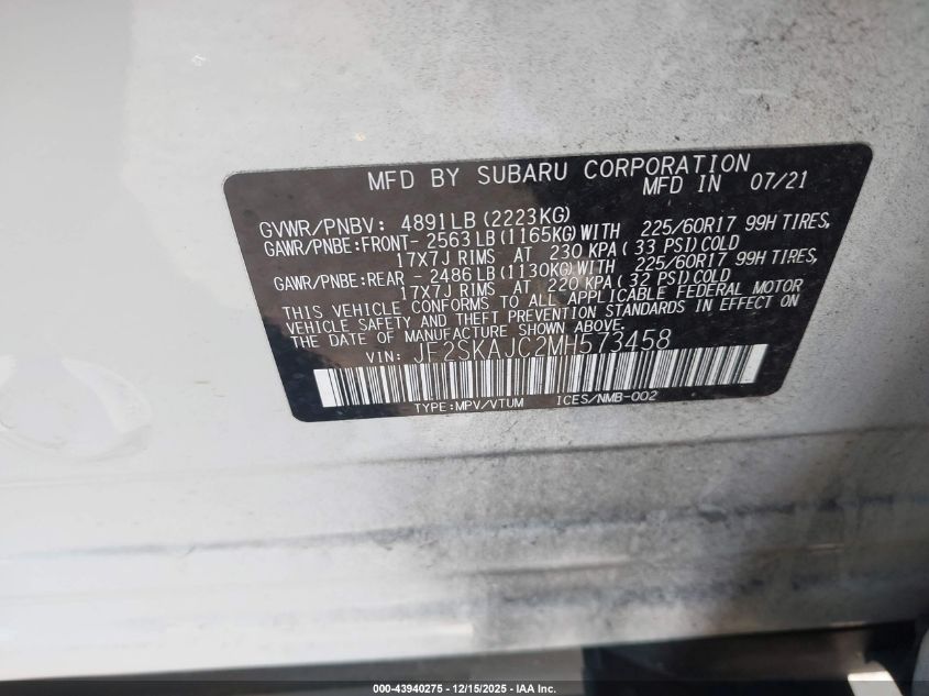 2021 Subaru Forester Premium VIN: JF2SKAJC2MH573458 Lot: 43940275