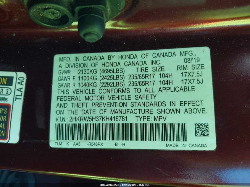 2019 Honda Cr-V Lx VIN: 2HKRW5H37KH416781 Lot: 43940278