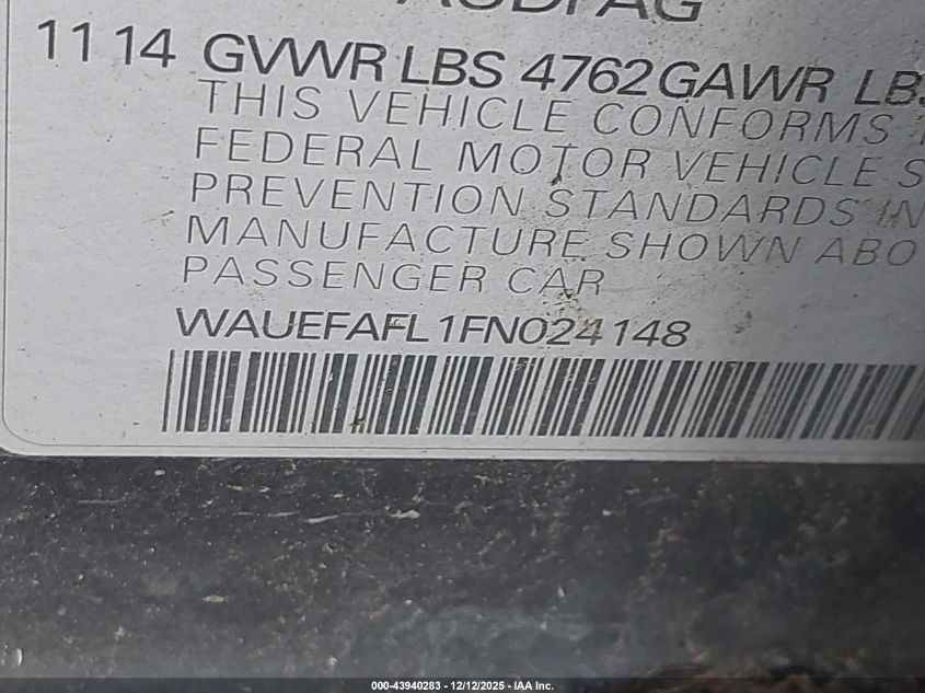 2015 Audi A4 2.0T Premium VIN: WAUEFAFL1FN024148 Lot: 43940283