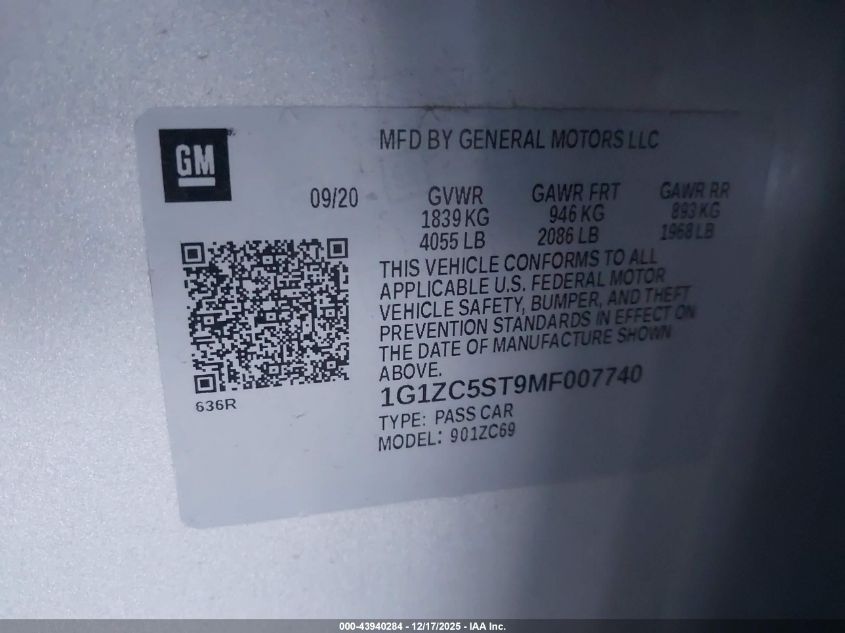 2021 Chevrolet Malibu Fwd 1Fl VIN: 1G1ZC5ST9MF007740 Lot: 43940284