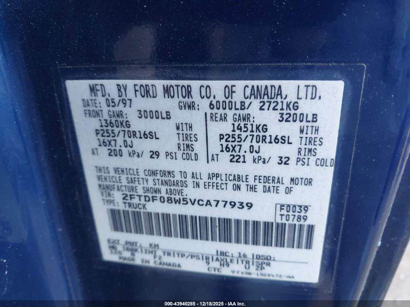 1997 Ford F-150 Lariat/Xl/Xlt VIN: 2FTDF08W5VCA77939 Lot: 43940285